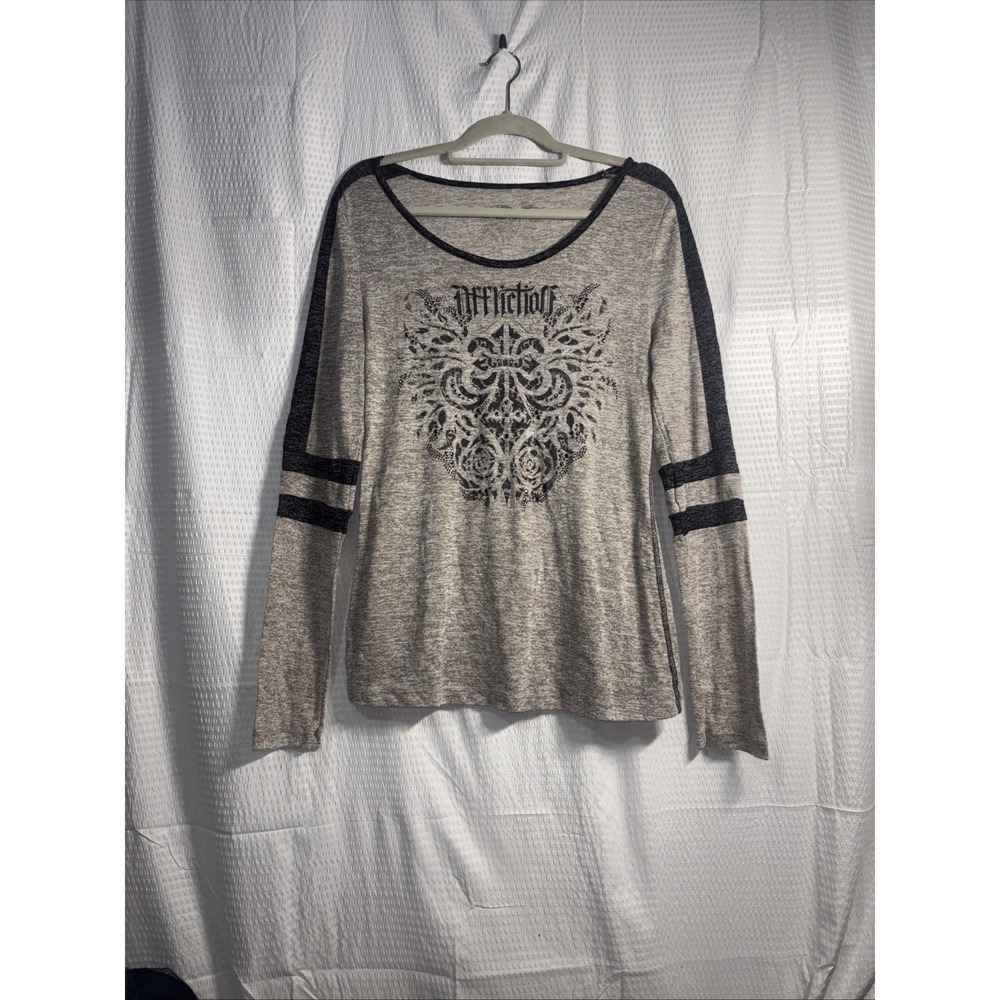 Women's Large Y2K Affliction Heather Tan/ Black Rhinestone Goth Style  Size L